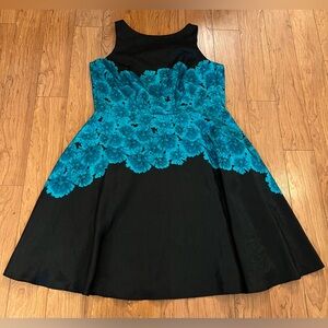 DB Sz 20 Women's Black Bold Floral Green Print Fit +Flare Dress Midi Formal